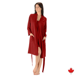 The Noreen Bath Robe Soft, breathable, moisture wicking absorbent and antibacterial. Great to pair with an Emily Nightgown, it has an inside tie, belt loops with tie on the outside and patch pockets. Proudly Made in Canada Fabrication: 70% Rayon from Bamboo 30% Organic Cotton Jersey ECO-ESSENTIALS Colour Burgundy
