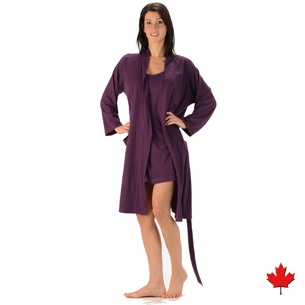 The Noreen Bath Robe Soft, breathable, moisture wicking absorbent and antibacterial. Great to pair with an Emily Nightgown, it has an inside tie, belt loops with tie on the outside and patch pockets. Proudly Made in Canada Fabrication: 70% Rayon from Bamboo 30% Organic Cotton Jersey ECO-ESSENTIALS Colour Plum Purple $70.00