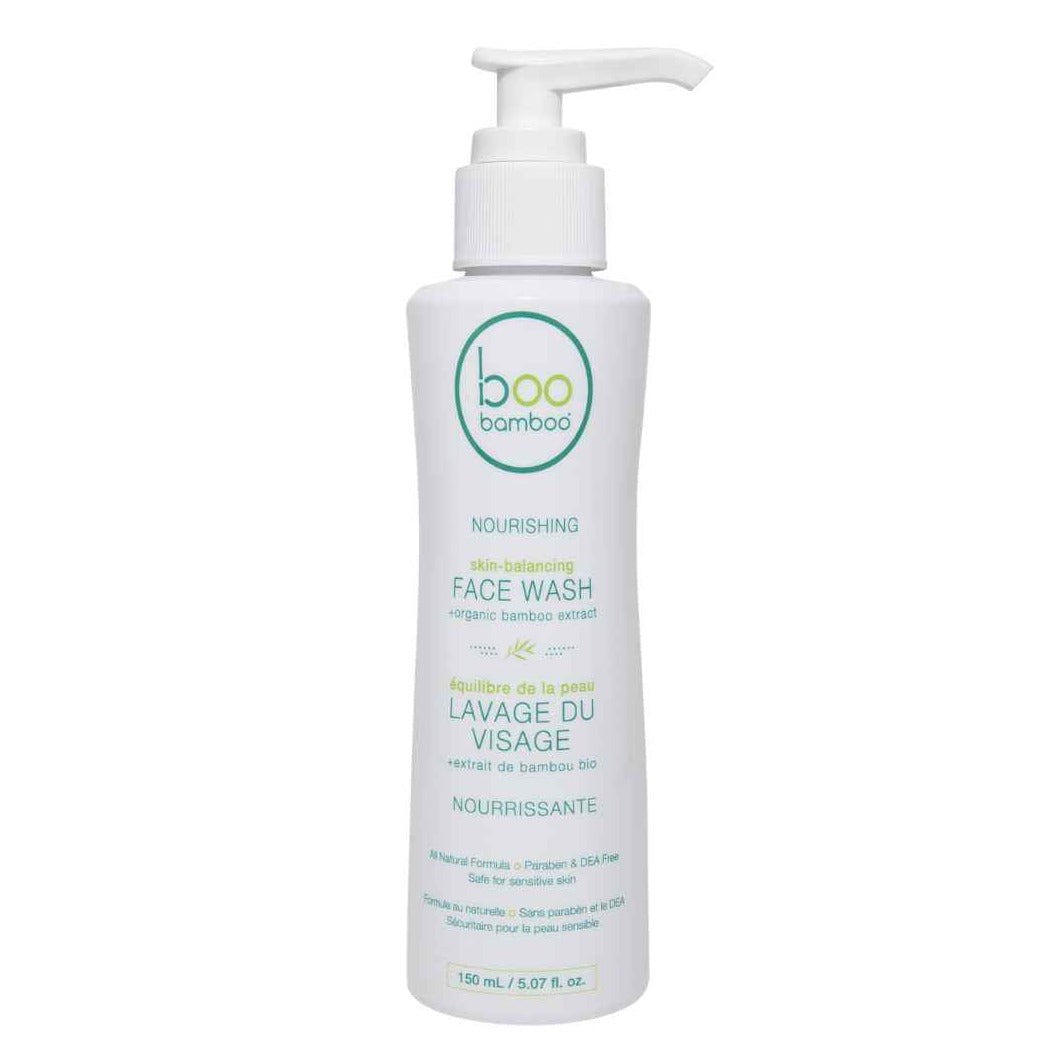 boo bamboo skin balancing face wash cleaner front view of 150ml pump dispenser bottle