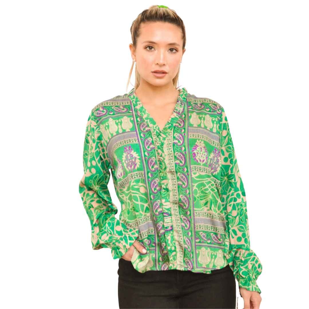 Heritage Ruffled Front Top- Upcycled Saris