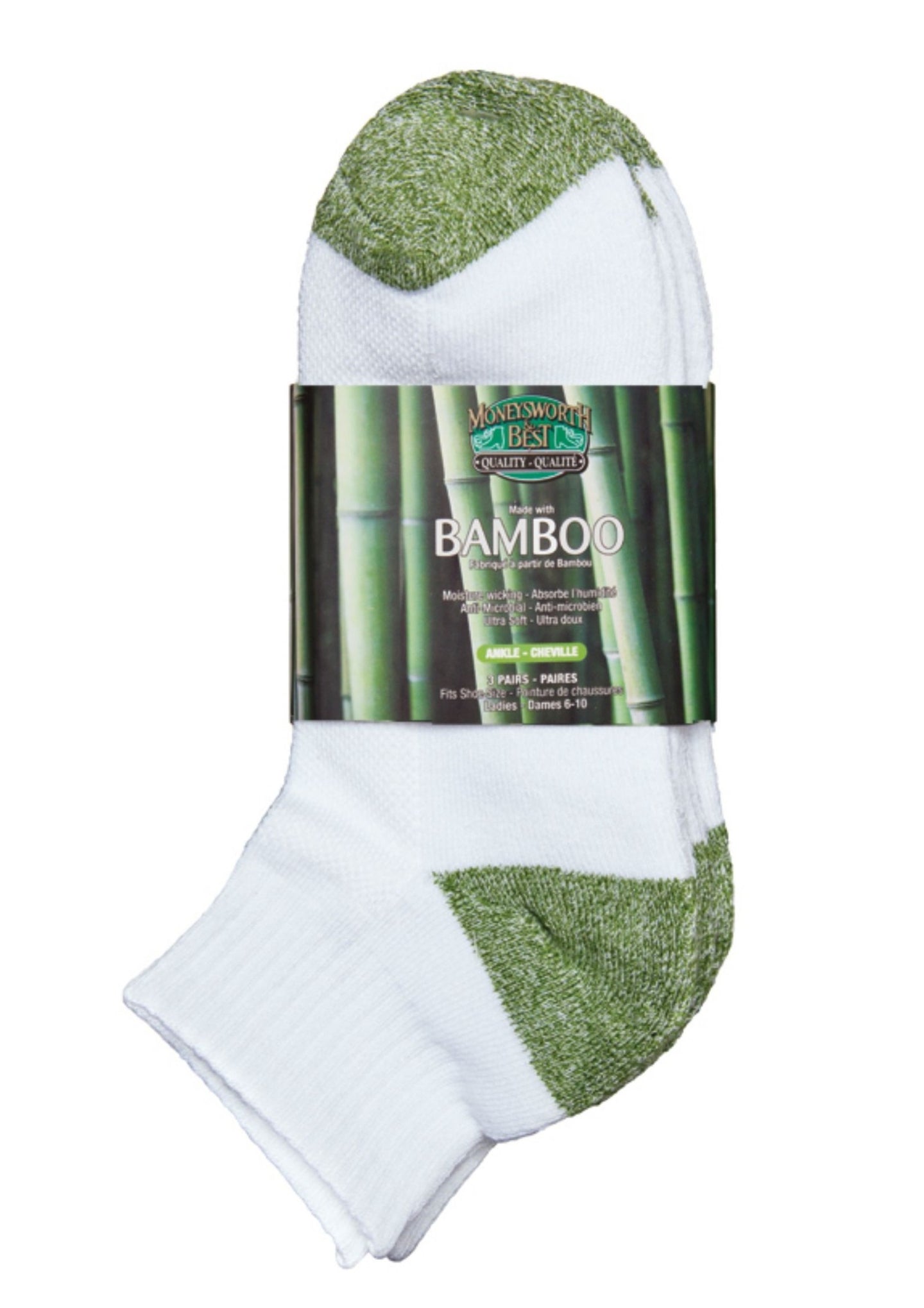 Bamboo socks are ultra soft and keep feet fresh and dry year round, cool in the summer and warm in the winter. Superior moisture absorption and breathable, antibacterial and non-allergenic. Fits Most (Men's 7-13) Fabrication White: 56% Rayon from Bamboo, 25% Cotton,14% Polyester, 5% Elasthanne Moneysworth & Best $14.00