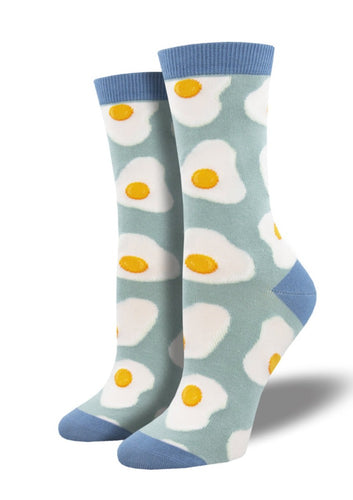 light blue sock with sunny side up eggs. Soft, Breathable, Moisture Wicking, Antibacterial, Hypoallergenic, Amazing Socks! One Size Fits Most (Women's 5-11) Fabrication: 66% Rayon from Bamboo, 32% Nylon, 2% Spandex SockSmith $20.00