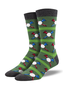 Green socks with golf balls and tees. Soft, Breathable, Moisture Wicking, Antibacterial, Hypoallergenic, Amazing Socks! One Size Fits Most (Men's 7-13) Fabrication: 66% Rayon from Bamboo, 32% Nylon, 2% Spandex SockSmith $22.00