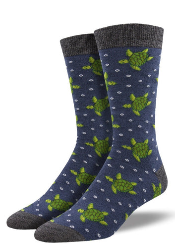 Blue socks with turtle on them. Soft, Breathable, Moisture Wicking, Antibacterial, Hypoallergenic, Amazing Socks! One Size Fits Most (Men's 7-13) Fabrication: 66% Rayon from Bamboo, 32% Nylon, 2% Spandex $22.00