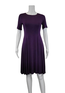 The ﻿Plum Purple Bamboo Twirl Dress is a simple and elegant style with a luxurious look and feel. Similar to the Swing Dress, it is a compliment to all body shapes with its princess line fit, round neck, 3/4 sleeve and 3" more in length then the swing dress. Proudly made in Canada 92% rayon from bamboo, 8% Spandex  Eco-Essentials plum purple $80.00