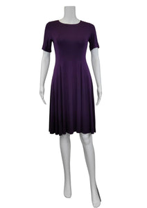 The ﻿Plum Purple Bamboo Twirl Dress is a simple and elegant style with a luxurious look and feel. Similar to the Swing Dress, it is a compliment to all body shapes with its princess line fit, round neck, 3/4 sleeve and 3" more in length then the swing dress. Proudly made in Canada 92% rayon from bamboo, 8% Spandex  Eco-Essentials plum purple $80.00