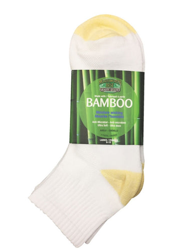 Bamboo socks are ultra soft and keep feet fresh and dry year round, cool in the summer and warm in the winter. Superior moisture absorption and breathable, antibacterial and non-allergenic. Fits Most (Women's 6-10) Fabrication White: 56% Rayon from Bamboo, 25% Cotton,14% Polyester, 5% Elasthanne Moneysworth & Best $14.00