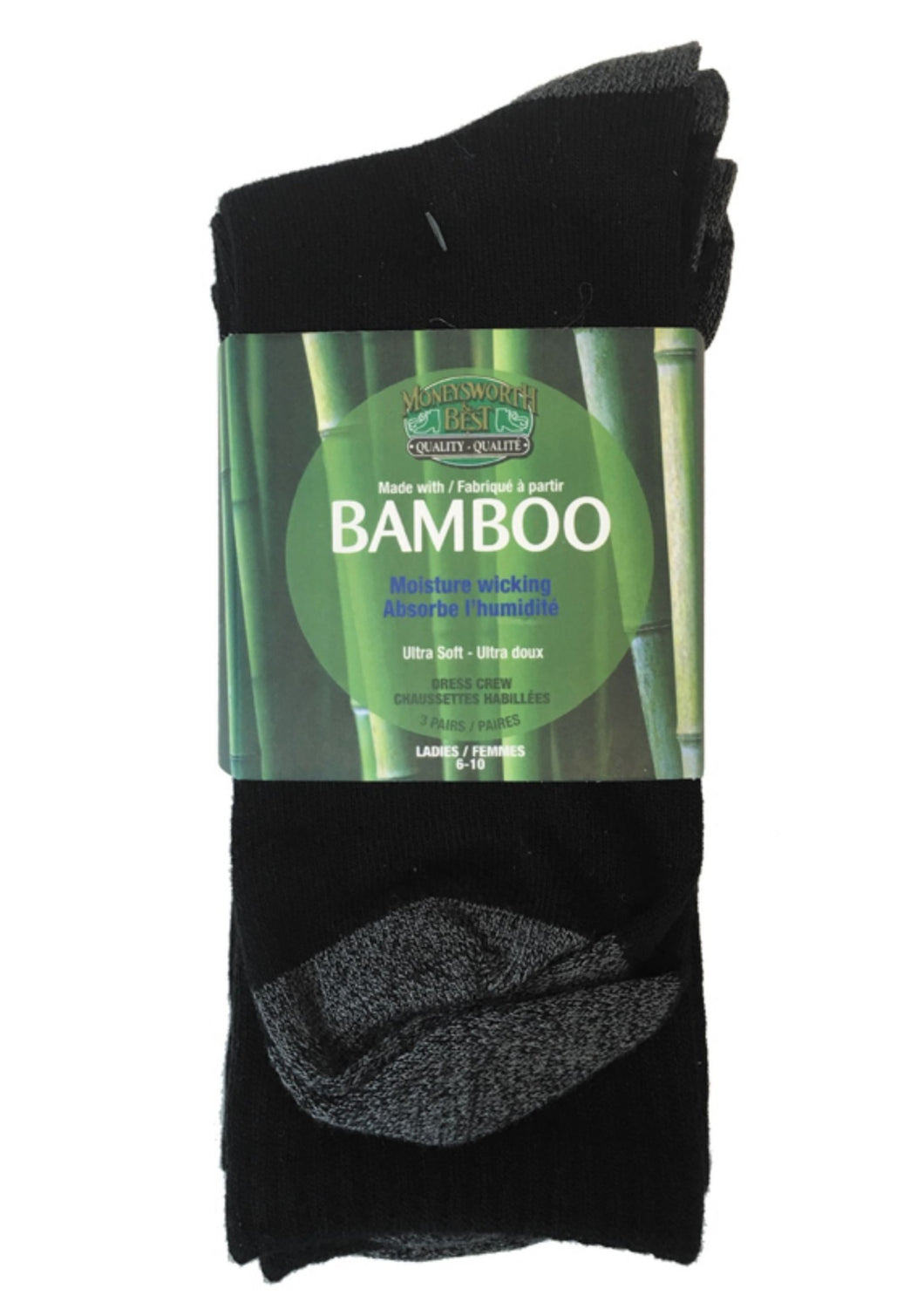 Bamboo socks are ultra soft and keep feet fresh and dry year round, cool in the summer and warm in the winter. Superior moisture absorption and breathable, antibacterial and non-allergenic. Fits Most(Women's 6-10) Fabrication: 80% Rayon from Bamboo, 17% Polyester, 3% Elasthanne Moneysworth & Best $15.00