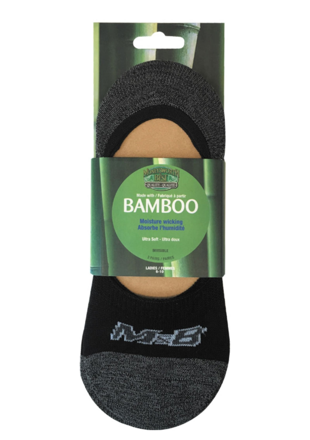 Bamboo socks are ultra soft and keep feet fresh and dry year round, cool in the summer and warm in the winter. Superior moisture absorption and breathable, antibacterial and non-allergenic.  Ultra low-cut design hides in most fashionable shoe styles. Features an anti-slip silicone strip above the heel for extra grip.  Fits Most (Women,s 6-10)  Fabrication Black: 80% Rayon from Bamboo, 17% Polyester, 3% Elasthanne Moneysworth & Best $10.00