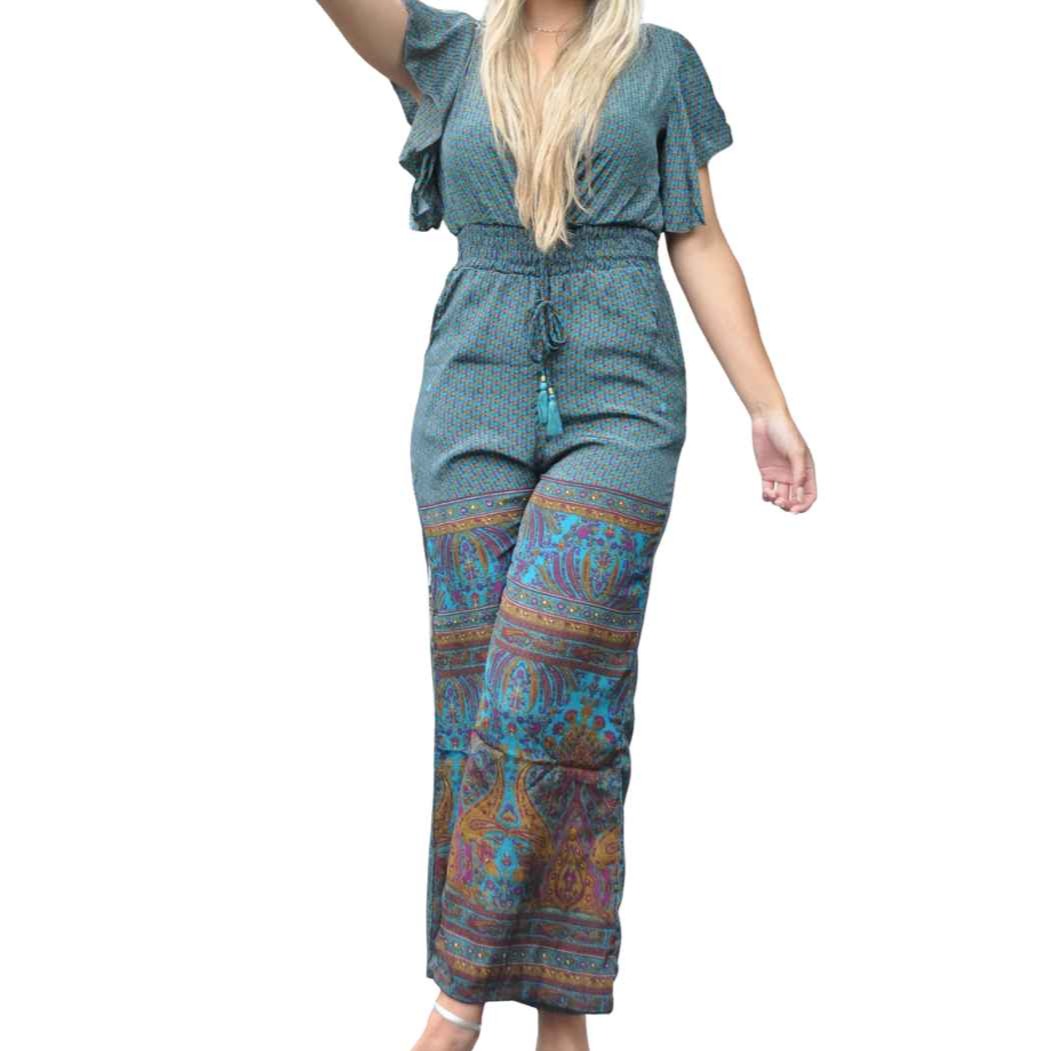 lanai jumpsuit mixed print front view on model