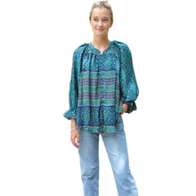 splendor button-up top mixed print front view on model