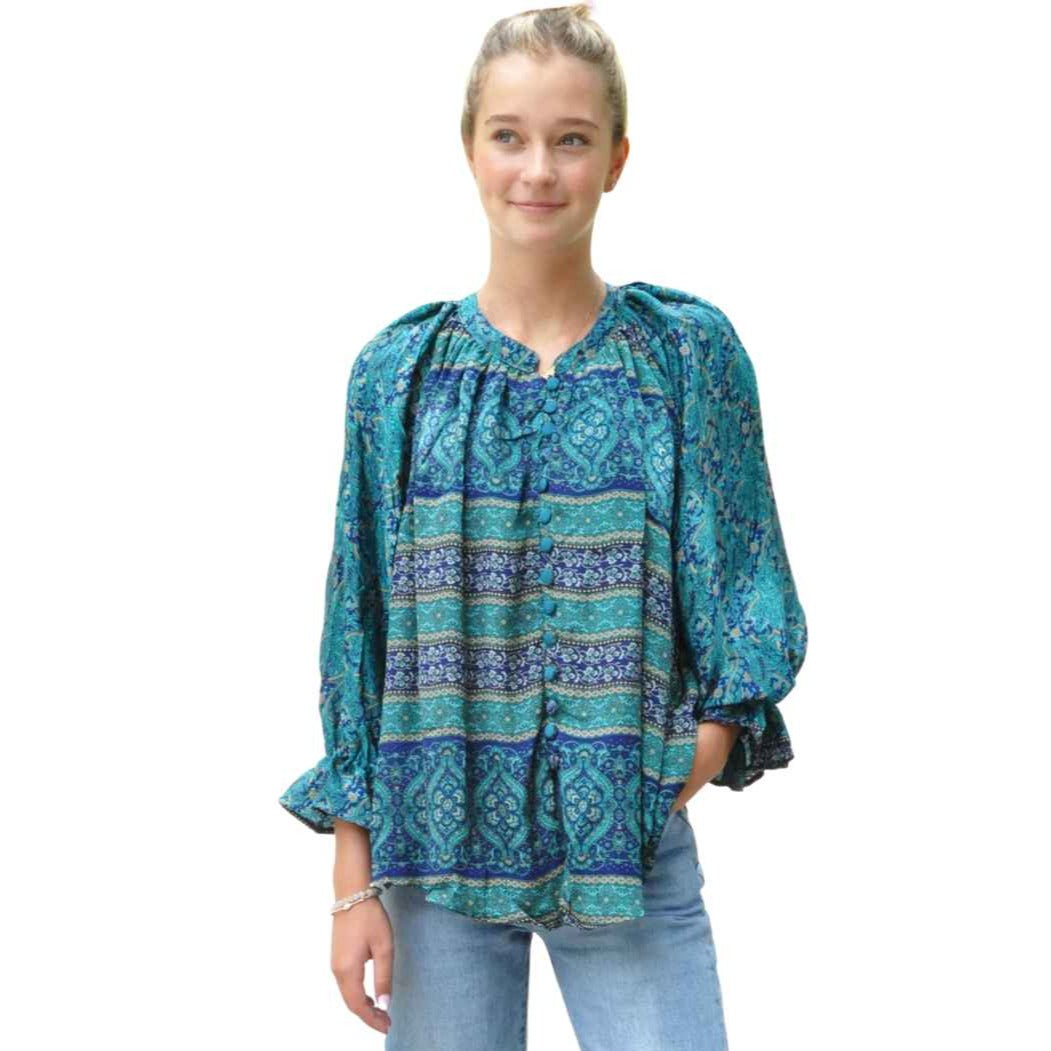 splendor button-up top mixed print front view on model